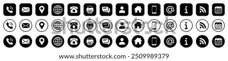 Contact icon vector set 2025. Phone, Call, Email, Address, Website, Fax, Mobile, Calendar, Chat icons. Social media icons 2025 