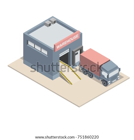 Isometric warehouse with loading dock and truck