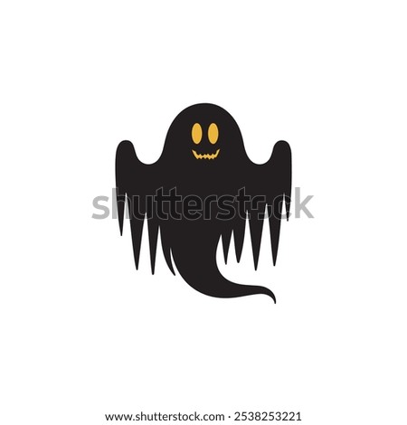 vector illustration of a black ghost with a flowing, wavy shape, set against a white background. The ghost has a friendly yet mischievous expression with two oval yellow eyes and a jagged yellow smile