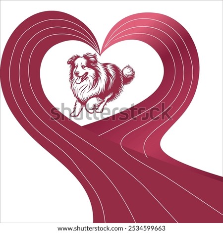 The Australian Shepherd, characterized by intelligence, energy, and a colorful coat, transforms into a mythical being with heart-shaped wings in vibrant shades of pink, red, and white, symbolizing lov