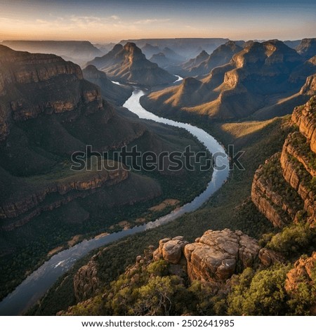 Similar – Picturesque view of water surface near amazing rock hills at sunset and blue sky