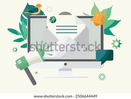 Digital Communication Concept with Computer, Email, Megaphone, Notification Bell, and Nature Elements. Sustainability newsletter. ESG newsletter. Eco friendly practices	