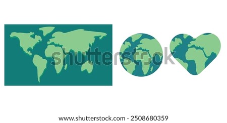 World Map and Earth Icons in Circular and Heart Shapes. World Map in Different Shapes. Rectangular, Circular, and Heart-Shaped	