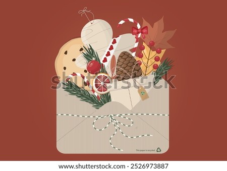 Eco-Friendly christmas envelope with Festive Contents. recycled paper filled with holiday treats, ornaments, and greenery, emphasizing sustainable Christmas celebrations and eco-conscious gift