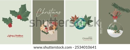 Eco-Friendly Christmas Card Designs with Festive Elements. Eco-themed Christmas card designs. Sustainable christmas poster set. Eco-friendly christmas poster collection. Vector illustration