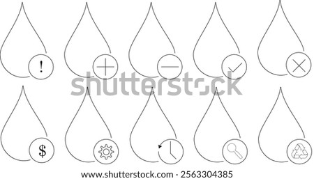 Water Drop Icons with Functional Symbols. Black and white water drop outline icons featuring symbols for actions, settings, and concepts like recycling, time, and finance