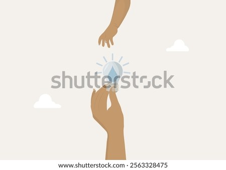 Sharing the Light of Water Innovation. hands, one reaching up and one reaching down, exchanging a lightbulb with a water droplet, symbolizing the sharing of knowledge and ideas for water solutions