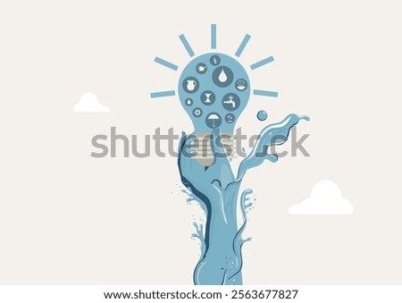 Water Hand Holding Lightbulb with Icons. water-shaped hand holding a glowing lightbulb filled with icons, symbolizing sustainability, energy, and water conservation. World water day vector. Save water