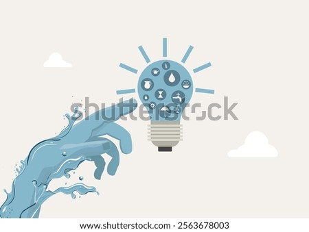 Water Hand Touching Lightbulb with Icons. water-formed hand reaching to touch a glowing lightbulb filled with environmental icons, symbolizing innovation and sustainability. Water conservation vector.