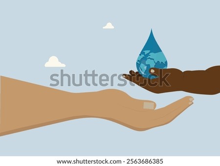 Child Hand Sharing with adult hand Water Drop with Earth. diverse hands exchanging a water droplet containing Earth's map, symbolizing global unity and water conservation.