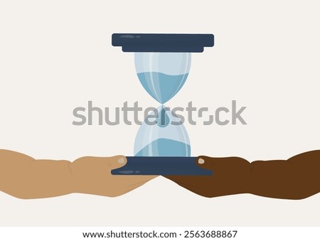 Diverse Hands Supporting Water Hourglass Time Concept for saving water. different hands collaboratively holding hourglass filled with water, symbolizing unity and shared environmental responsibility. 