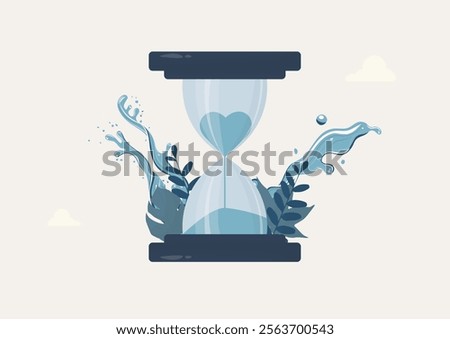 Hourglass filled with Water and Heart Symbol shape, representing time running out for water conservation. World water day concept. Saving water.Vector illustration.Ecology and environmental protection