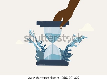 Water Conservation Hourglass Illustration. illustration of a hand holding an hourglass with water, symbolizing time running out for water conservation. Features splashing water and leaves. Earth day 