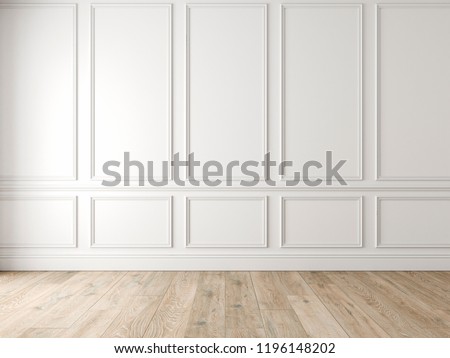 Modern classic white empty interior with wall panels and wooden floor. 3d render illustration mock up. 商業照片 © 