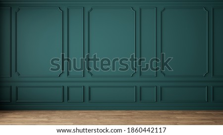Modern classic green empty interior with wall panels and wooden floor. 3d render illustration mock up.