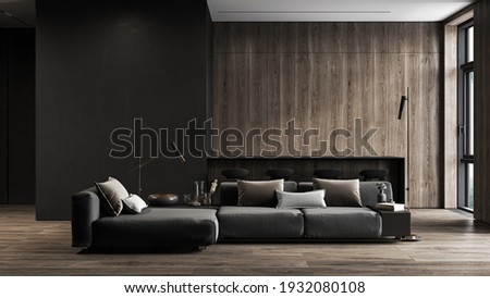 Modern, black minimalist interior with kitchen, sofa, wood floor, wall panels and marble kitchen island. 3d render illustration mock up.