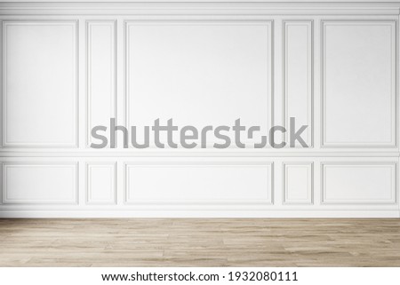 Classic white empty interior with wall panels, moldings and wooden floor. 3d render illustration mock up. Foto d'archivio © 