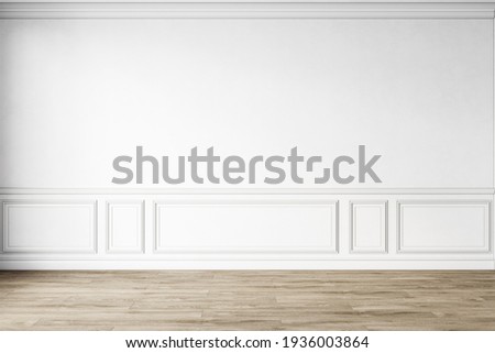 Classic white empty interior with wall panels, moldings and wooden floor. 3d render illustration mockup.