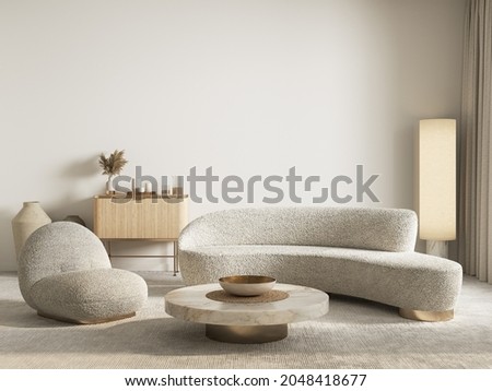 Contemporary classic white beige interior with furniture and decor. 3d render illustration mockup.
