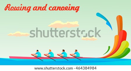 kayaking of four people in the team . At the Summer Games . Rio, Brazil . Illustration, vector ,