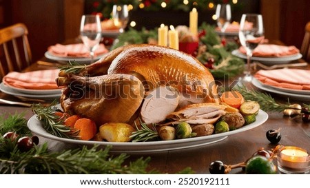 Holiday Roast Turkey
A golden-brown roast turkey, the centerpiece of a holiday feast, with crispy skin and tender, juicy meat, served with gravy and cranberry sauce—a true Thanksgiving classic.