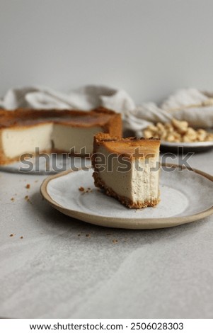 Similar – Image, Stock Photo Sliced cheesecake made with matcha.  Healthy green dessert