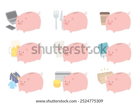 Various illustrations of pig piggy bank and household account book items