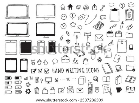 Hand drawn icon set of computer and office supplies