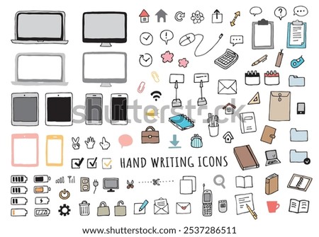 Hand drawn icon set of computer and office supplies