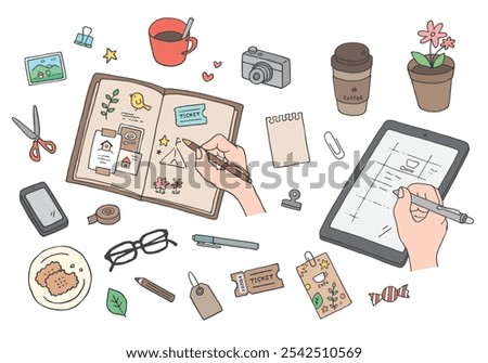 Illustration of scraps and notes on notebook and tablet