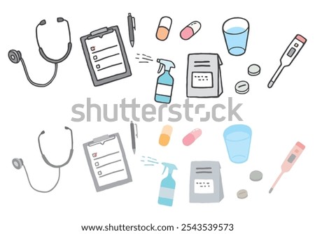 Hand-drawn illustration set related to medical examinations and medicine