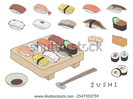 Hand drawn illustration set of sushi and sushi geta