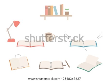 Illustration set of spread books and notebooks