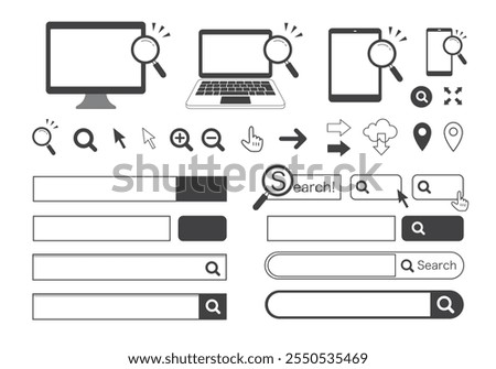 A set of icons such as magnifying glass and search window