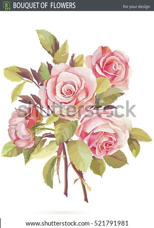 Beautiful Red rose flower bouquet isolated on white background. Hand drawn watercolor. No transparency, shadows and not auto-traced, eps8
