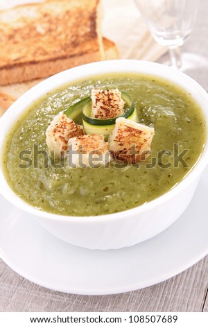 bowl of vegetable soup with crouton