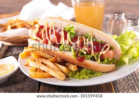 hot dog with french fries and beer