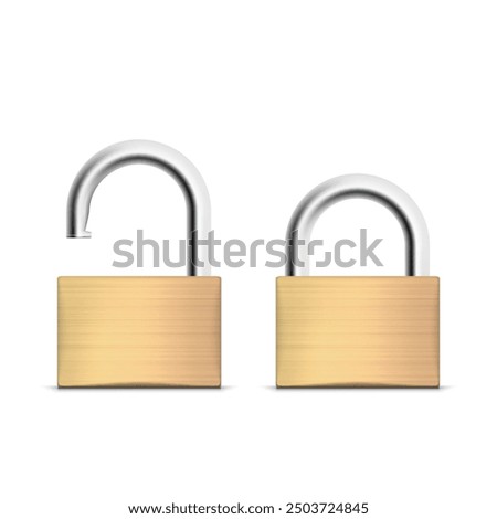 Two metallic padlocks, one locked and one unlocked. Vector illustration