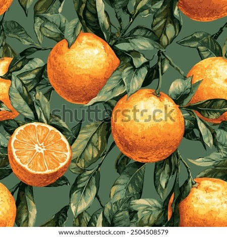 Seamless Valencia orange pattern featuring vibrant citrus fruits on lush green branches. This fresh, botanical design captures the essence of Mediterranean orchards, perfect for summery and organic-in