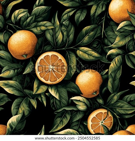 Elegant Valencia orange pattern on a black background, showcasing vivid citrus fruits and lush green leaves. This striking design combines sophistication and nature, perfect for luxurious projects.