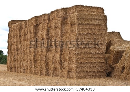 some square hay bales stacked in a field