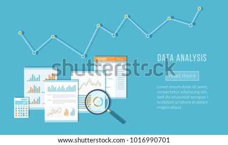 Data analysis concept. Financial Audit, SEO analytics, statistics, strategic, report, management. Charts, graphics on documents, magnifying glass, calculator. Vector top view