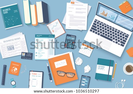Workplace Desktop background. Top view of table, laptop, folder, documents, notepad, business card, purse, calendar, headphones, books,coffee, crumpled paper. Business background, organization. Vector