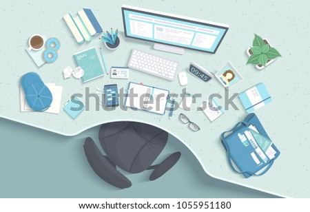 Top view of modern and stylish workplace. Table with recess, armchair, monitor, books, notebook, headphones, phone, glasses, calendar, paper, coffee, donuts, bag, cap. Vector illustration Top view