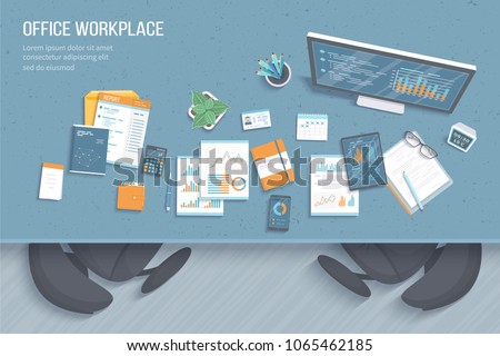 Top view of office workplace with table, armchairs, business office supplies, notebook, calendar, notepad, folder, envelope, books. Charts, graphics on a monitor screen. Vector illustration 