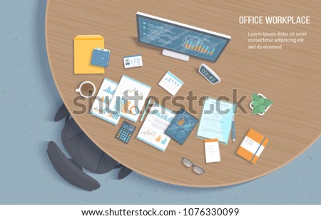 Top view of office workplace with wooden round table, chair, office supplies, documents, notepad, folder, tablet. Charts, graphics on a monitor screen. Vector illustration
