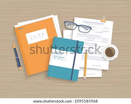 Business wooden table with documents, forms, papers folder, pen, pencil, coffee. Work, workplace, analysis, research, planning, management. Vector illustration, top view