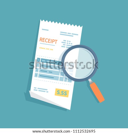 Receipt icon with magnifying glass. Studying paying bill. Payment of goods,service, utility, bank, restaurant. Invoice, check, bill sign. Paper financial symbol in flat style. Vector isolated.