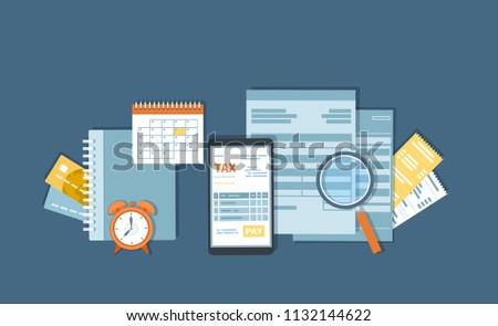 Tax payment via phone. Mobile payment service. Government, State taxes. Tax form, financial calendar, magnifying glass, bills, checks, credit card, invoices, alarm clock. Vector background.