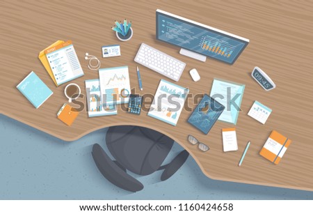 Top view of wooden office workplace with table, chair, business office supplies, documents, notebook, calendar, notepad, folder, envelope, books, wallet. Charts, graphics on a monitor screen. Vector